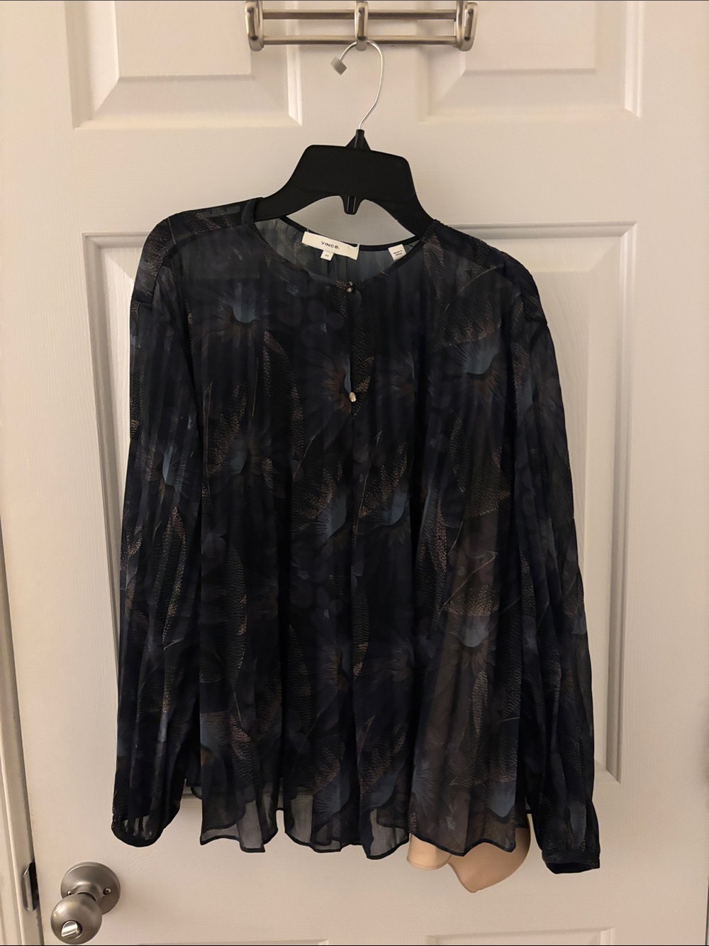 Vince Navy Sheer Floral Print Long-Sleeve Blouse Sulk